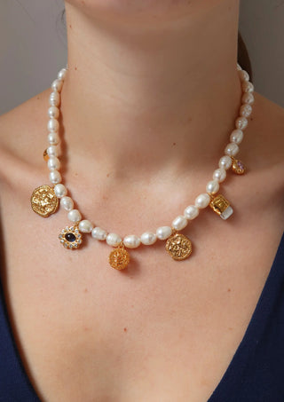 JLC PEARL NECKLACE WITH DANGLING CHARMS