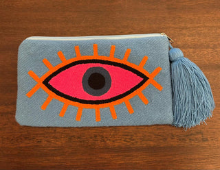 LE POM POM BLUE & ORANGE EYE CLUTCH