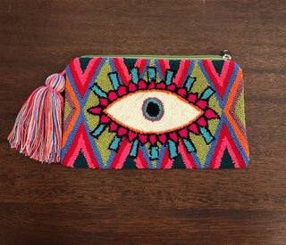 LE POM POM TURQUOISE & PINK EYE CLUTCH