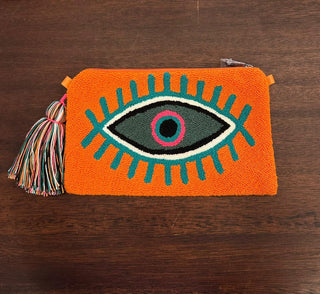 LE POM POM ORANGE & GREEN EYE CLUTCH