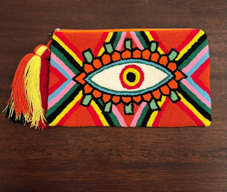 LE POM POM ORANGE & GREEN EYE CLUTCH