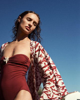 ALICIA SWIM SHORT KIMONO COVER-UP IN DEEP CORAL