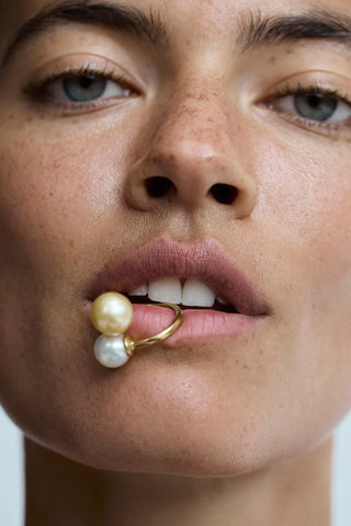 OCEANO JEWELS TROU D'EAU DOUCE RING GOLD VERMEIL WHITE 11MM/GOLDEN SOUTH SEA PEARLS 9MM