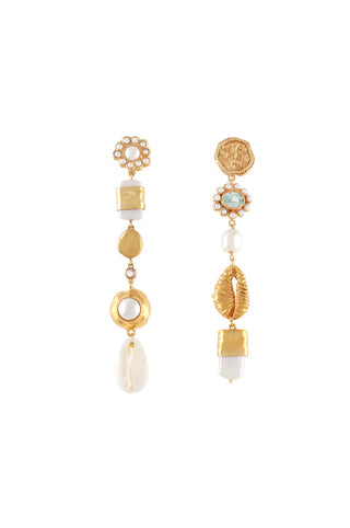 JLC LONG MISMATCHED EARRINGS WITH PEARLS AND SEASHELLS