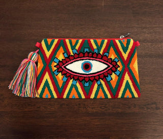 LE POM POM TURQUOISE & DARK RED EYE CLUTCH