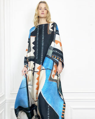 BE PARISIAN PATCHA BLUE SILK TWILL CAFTAN DRESS