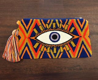 LE POM POM ELECTRIC BLUE & GOLD EYE CLUTCH
