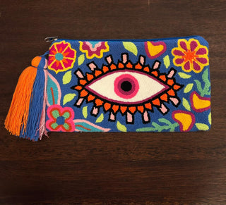 LE POM POM BLUE & MULTI FLOWERS CLUTCH