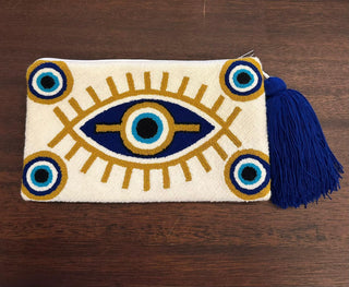 LE POM POM WHITE & DARK BLUE EYE CLUTCH