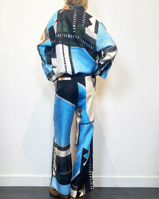 BE PARISIAN PATCH BLUE SILK TROUSERS